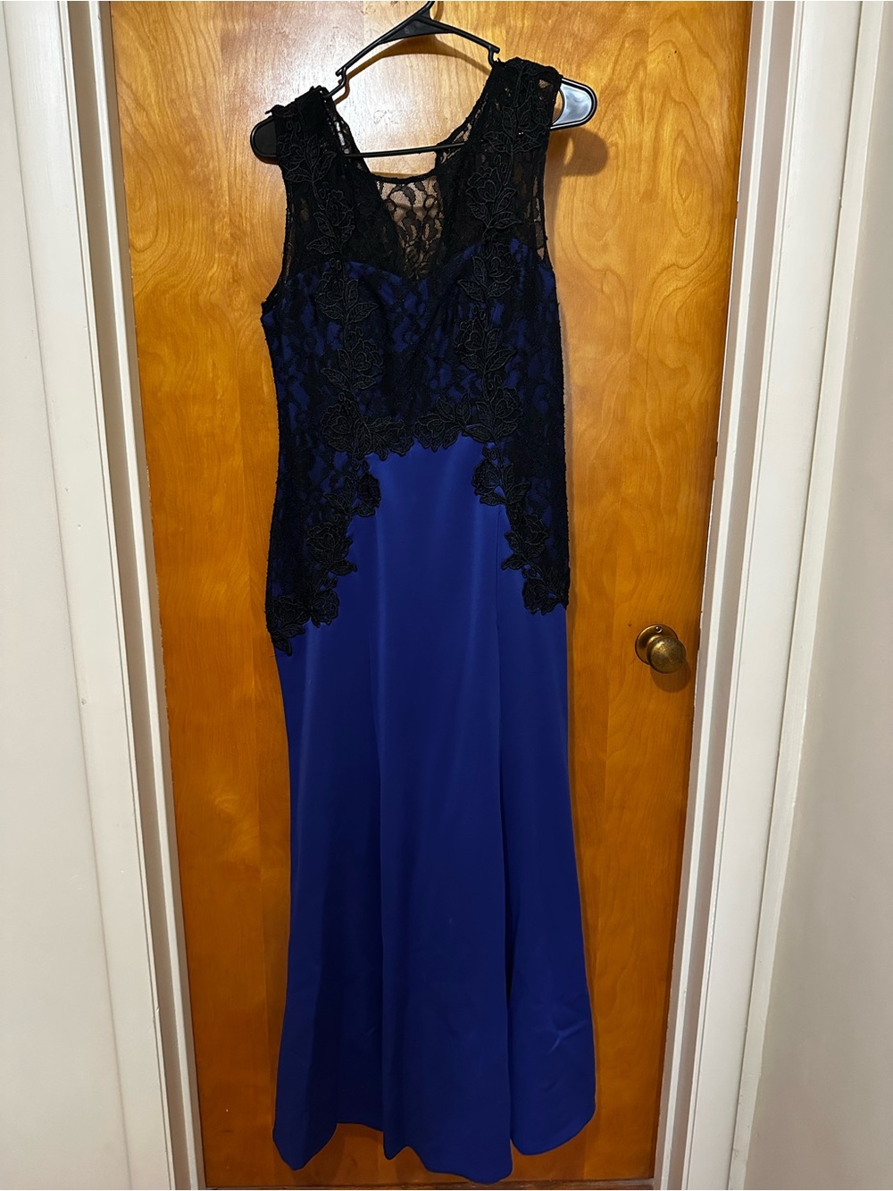 Elegant Blue Evening Gown with Black Lace Overlay